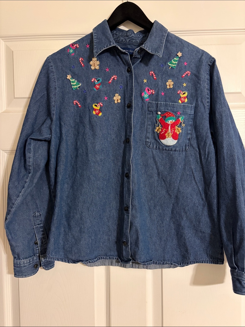 Vtg Karen Scott Christmas Denim Shirt Embroidered Snowman Women Size M